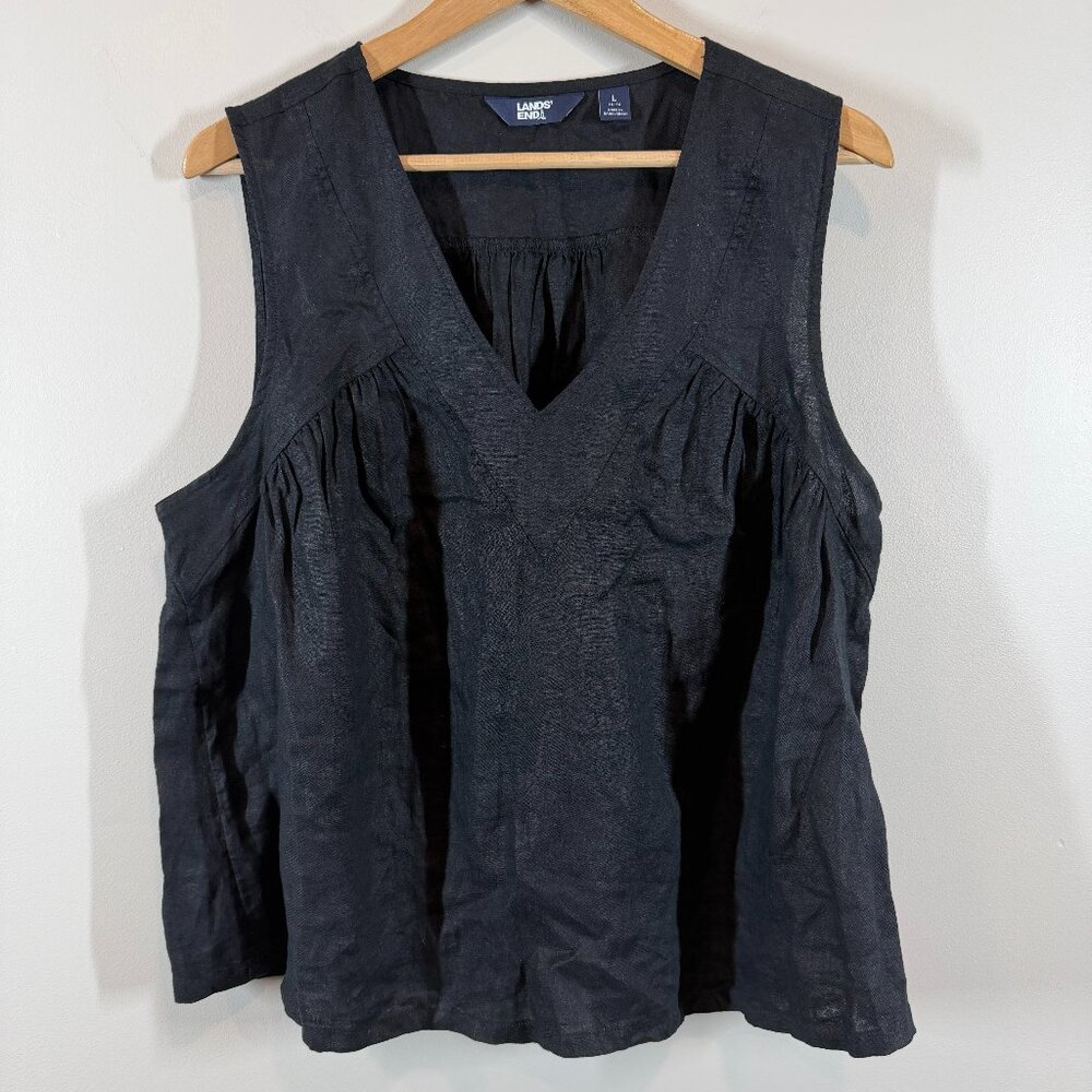 Lands’ End 100% Linen Sleeveless Top Black Size L 14-16 | V-Neck Summer Blouse